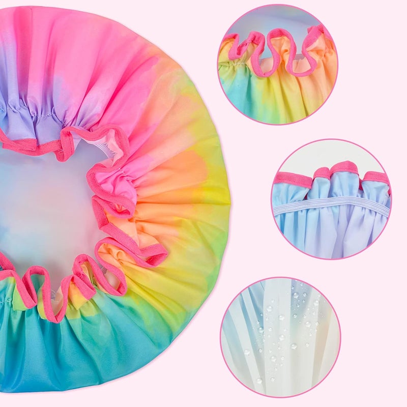 OlyPegic Kids Shower Cap, 3 Pcs Girls Shower Cap for Kids Reusable Waterproof Adjustable Large Hair Cap Unicorn Tie Dye Cute Hair Cover Hat - Image 5